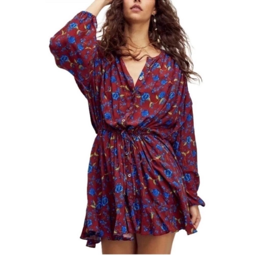 NWT Free People Oversized Mini Dress Floral Fields Size M Burgundy Floral NEW